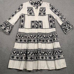 MSK Dress Linen Blend Black White Aztec Print Tiered Bell Sleeves Medium M